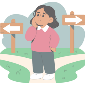 左右の分岐点の前で一歩も動けずに立ち止まっている足元の写真。ダブルバインドによる葛藤のイメージ。