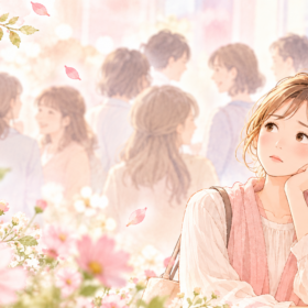 周囲の人たちを背景に、少し不安そうな表情で考え込む女性のイラスト