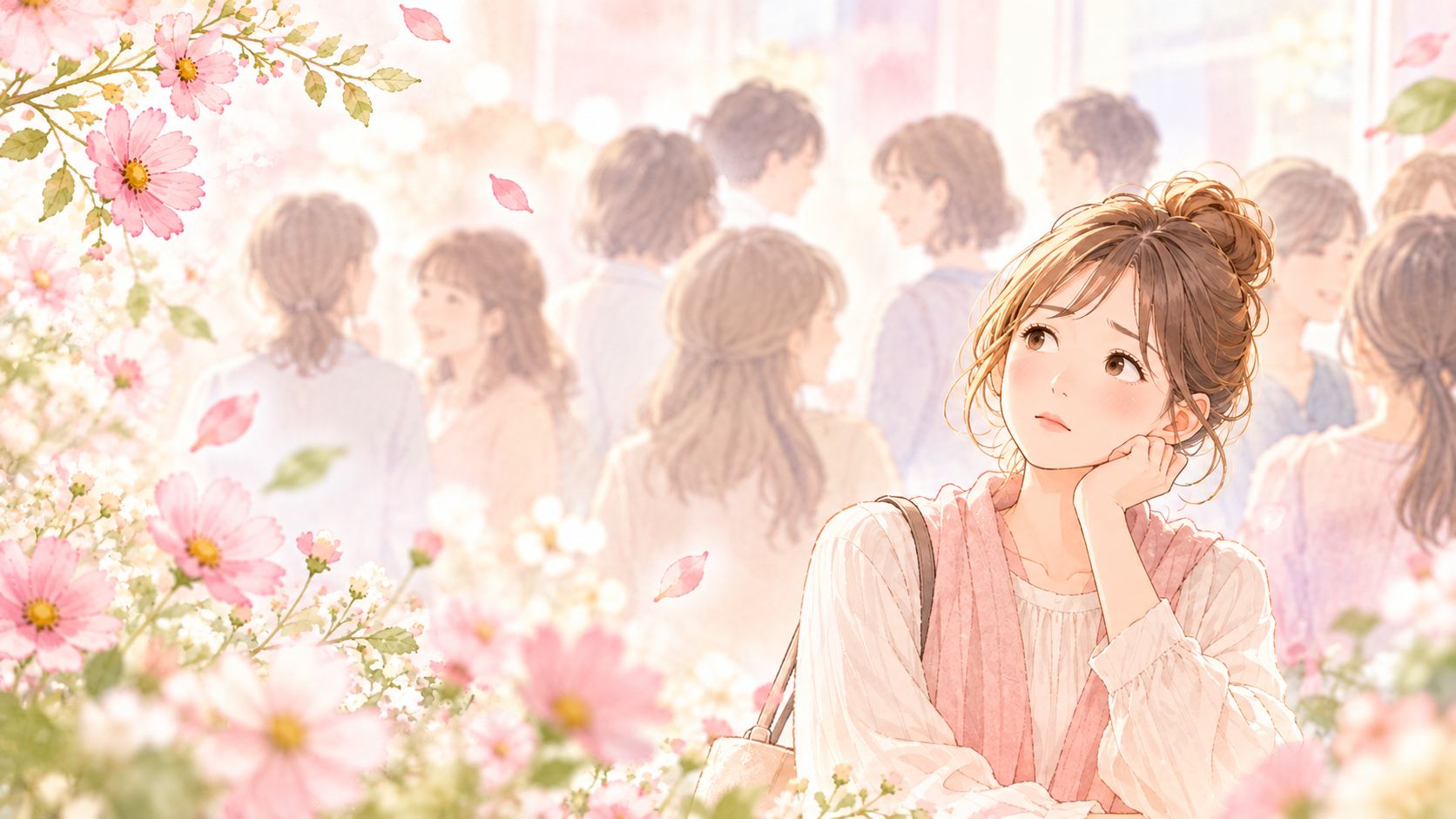 周囲の人たちを背景に、少し不安そうな表情で考え込む女性のイラスト